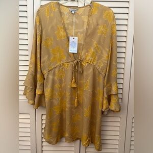 Bathing Suit Cover-up/Sundress Ruffled Bell Sleeves Gold and Cream